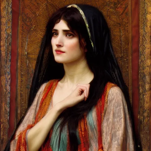 Prompt: orientalist portrait of a tired!! witch in formal wear holding an iridescent oak magic wand intricate portrait by john william waterhouse and Edwin Longsden Long and Theodore Ralli and Henryk Siemiradzki, very coherent symmetrical artwork. Cinematic, hyper realism, high detail 8k