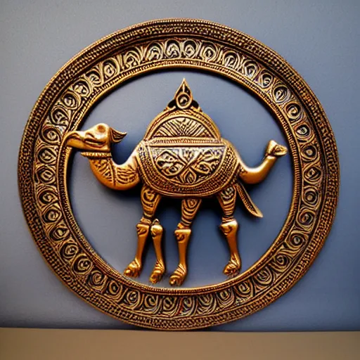 Prompt: gorgeous ornated bronze realistic detailed sacred camel wall decoration with filigree