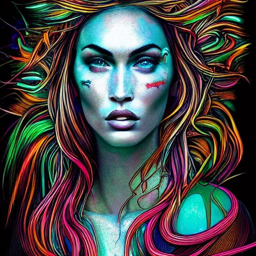 Image similar to an extremely psychedelic portrait of megan fox as medusa, surreal, lsd, face, detailed, intricate, elegant, lithe, highly detailed, digital oth, sharp focus, illustration,