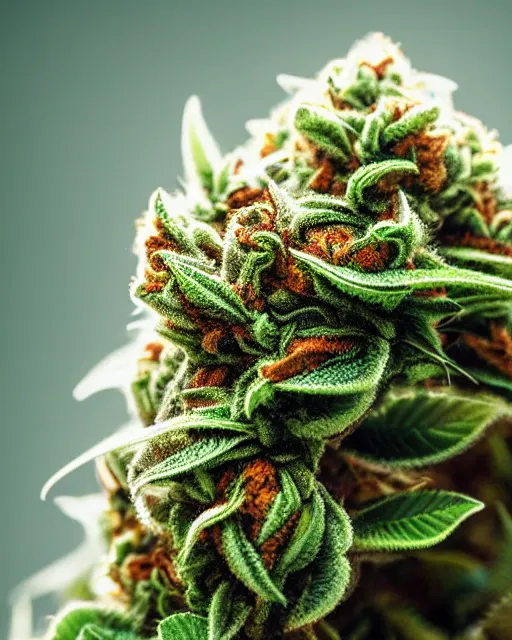 Image similar to beautiful marijuana flower with buds covered in stunning trichomes, extreme close - up highly - detailed macro photography, focus, centered, rim lighting, dslr in the style of erik christiansen