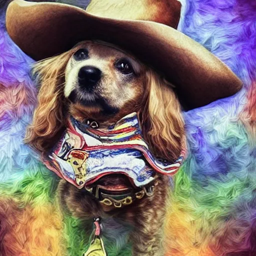 Prompt: a cute dog wearing a cowboy hat, deep dream