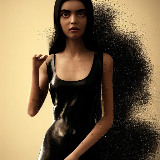 Prompt: beautiful girl in a dress made of black iridescent dust, beautiful portrait, symmetrical, character concept style trending on artstation concept art detailed octane render cinematic photo - realistic 8 k high detailed