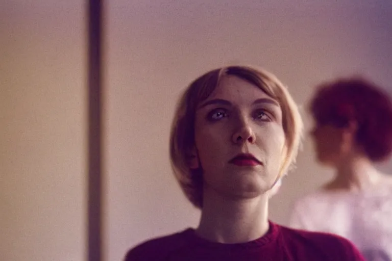 Prompt: photograph of strange presence radiating esoteric energy in modernist living room, crisp focus, backlit woman in foreground, highly detailed, in george hardie style, 3 5 mm ektachrome