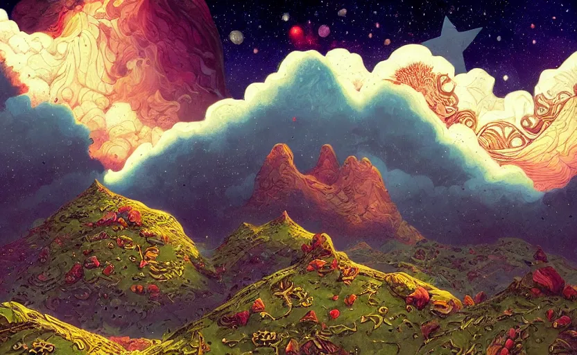 Prompt: mountains, stars and paisley filled sky, artstation, intricate, highly detailed, digital painting, concept art, sharp focus, illustration by Benjamin Lacombe and Roger Dean