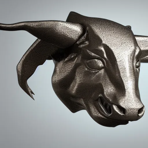 Prompt: 3 d render melted bull head, sculpture, chrometype, liquid metal, neotribal, raytraced, volumetric lightning, 8 k by wlop, innate studio h - 1 0 0 0 w - 1 0 0 0