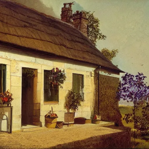 Prompt: Alex Ross and Sergio Bleda and Jérémy Petiqueux and Alex Maleev artwork of a 19th century english cottage