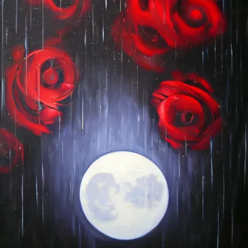 Image similar to rain, moon, knight and princess, oil painting, red and black, bloom, detailed, coherent like dalle 2