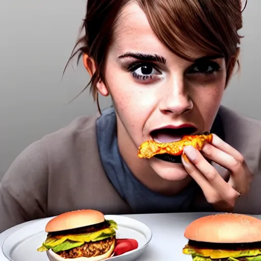 Image similar to Emma Watson eating a cheeseburger, photo realistic, award-winning, highly-detailed, epic, cinematic, dramatic