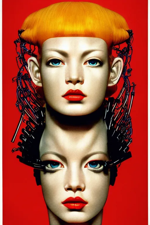 Image similar to cyborg head wrapped in plastic bags by Hajime Sorayama and Artemisia Gentileschi, centered, symmetrical, led, red, bilateral symmetry, third person, 70s poster, polished, lightning, retro dark vintage sci-fi, 2D matte illustration