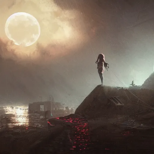 Image similar to A portrait of a suicidal girl, ruins of a destroyed city and a yellow-red full moon on background, techwear, dark, atmosphere, natural volumetric light, intricate, highly detailed, digital painting, concept art, sharp focus, illustration, art by greg rutkowski, matte painting, trending on artstation, rule 34