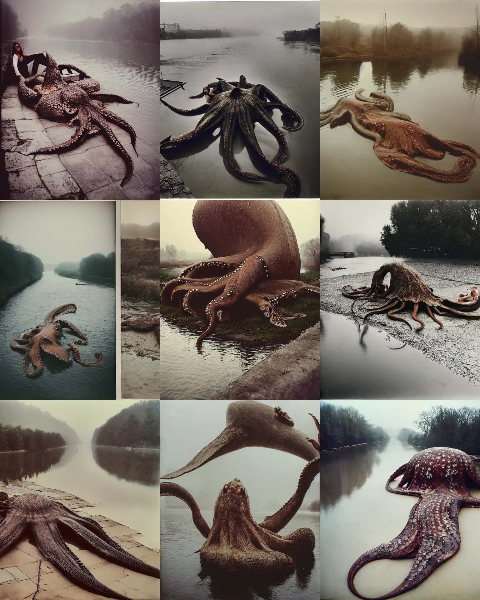 Prompt: giant oversized dead octopus on the side of the river on a village , Cinematic focus, Polaroid photo, vintage, neutral colors, soft lights, foggy, panorama by Steve Hanks, by Serov Valentin, by lisa yuskavage, by Andrei Tarkovsky