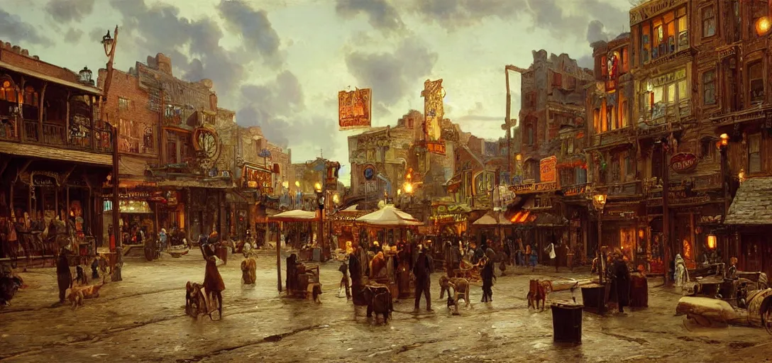 Image similar to from a movie scene, painting of a western saloon exterior in old town, greek architecture, bright lights, andreas achenbach, cinematic wide shot