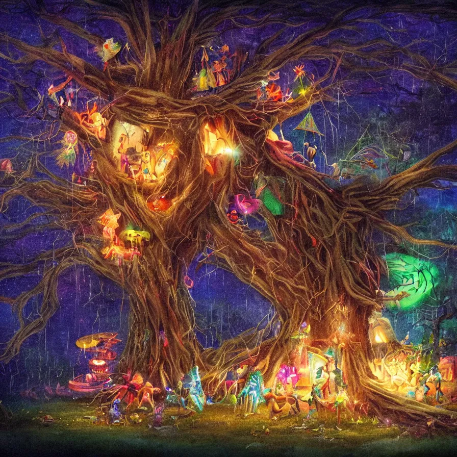 Prompt: closeup of a night carnival inside a tree cavity, a magical in a summer storm with a music scenario with many fireworks and christmas lights, next to a lake with iridiscent lake water, volumetric lightning, folklore people disguised with fantastic creatures in a magical forest by summer night, masterpiece painted fantasy art, scene by dark night environment, refraction lights, five star stories