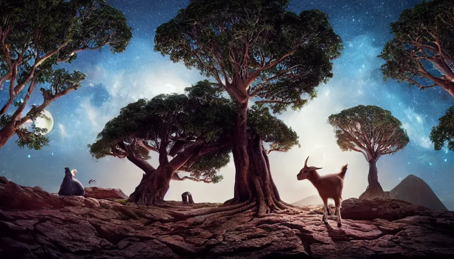 Image similar to very very small goat, sitting on a gigantic banyan tree in moonlit socotra island by ilya kuvshinov, starry night, rtx rendering, octane render 1 2 8 k, maya, extreme high intricate details by tom bagshaw, medium shot, close up shot, composition by sana takeda, lighting by greg rutkowski, midsommar