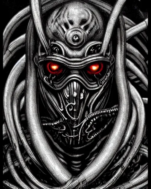 Image similar to Dark scary atomospheric detailed Outsider cyberpunk demon with scaly Tentacles from the Netherealm wearing a gas mask by HR Giger