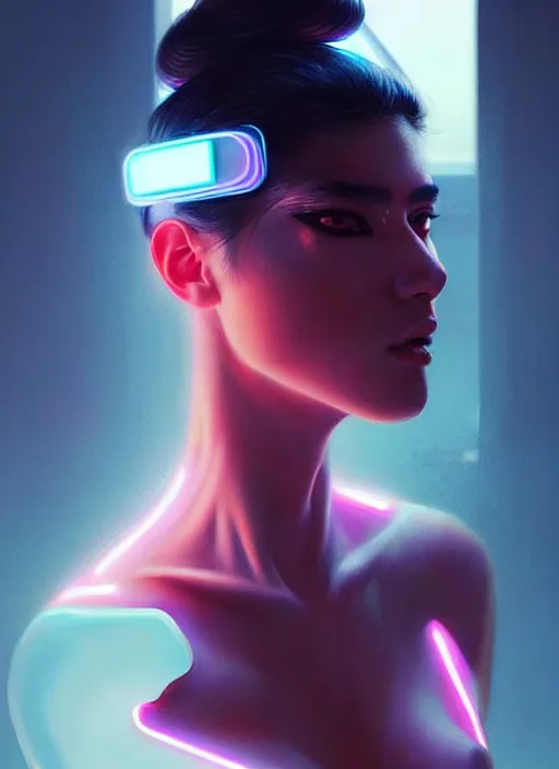 Prompt: photorealistic an oriental female humanoid with freckle cheeks, cyber neon lightings, futurism, cyberpunk high fashion, elegant pose, intricate details, crispy quality, digital photography, trending in artstation, trending in pinterest, no watermark signature, cinematic, 4 k ultra hd, art by artgerm, art by greg rutkowski, art by pascal blanche