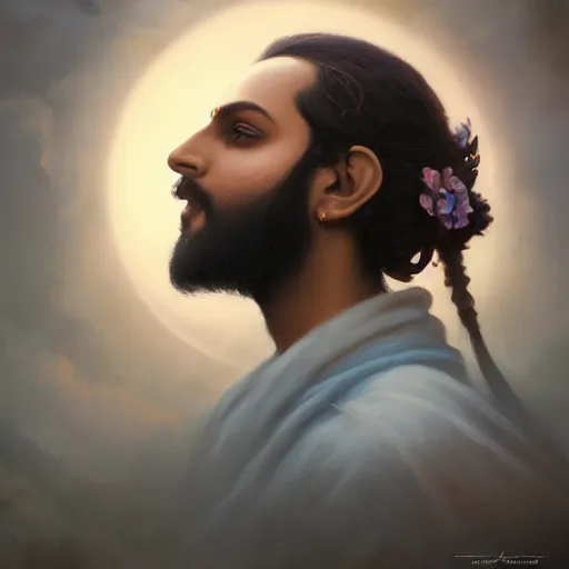 Image similar to a beautiful fine art painting of a portrait of shivaji maharaj by tom bagshaw, greg rutkowski and artgerm, perfection!, milk bath photography, studio lighting, 35mm lens, very detailed, deep depth of field, side profile, artstation, 8K, highly coherent