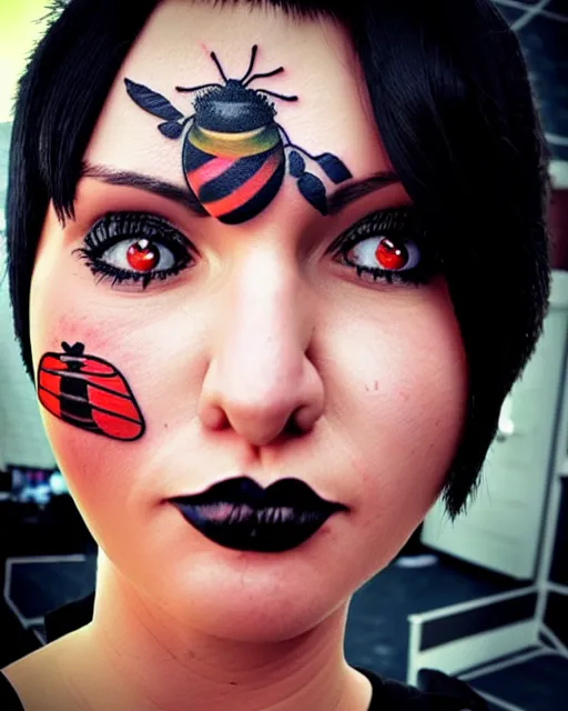 Image similar to a tattoo of bee movie on the face of a woman with crimson - black hair, cute crimson - black bee - themed outfit, cinematic lighting, beautiful composition