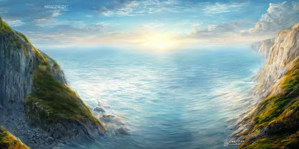 Image similar to the crystal cliffs of dover, viewed from the ocean, illustration, bright sunlight, sun glints, sunrays, digital art, hyperrealistic, oil painting, fantasy, 8 k, trending on artstation, detailed