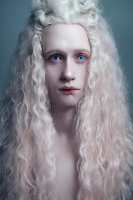 Prompt: Hyper realistic portrait of Lucius, delicate milky white pale porcelain skin and light pink blush, blue veins, fluffy platinum blonde curly hair with curtain bangs over his forehead, lush drill curls, beautiful androgynous prince, Dark Studio Lighting, fog, by Emil Melmoth, Trending on Artstation, 8k