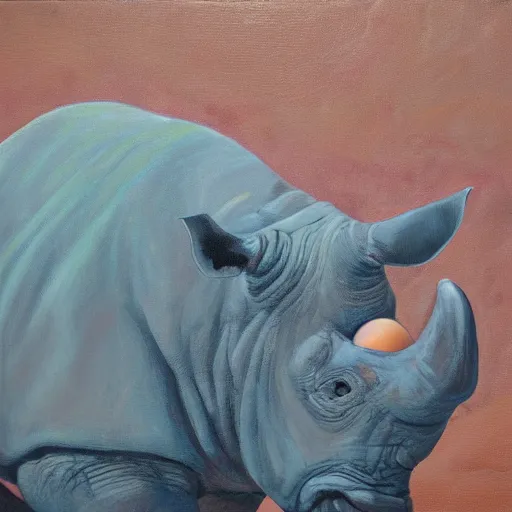 Image similar to oil on canvas of, rhinoceros hatching an egg in hawaii