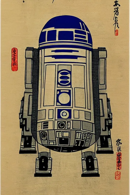 Image similar to Japanese woodblock print of r2d2, hokusai