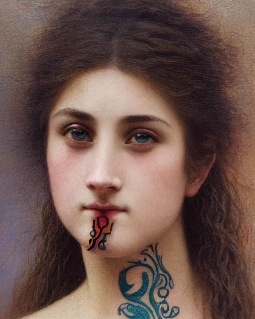 Image similar to close up of a beautiful girl with colourful intricate tattoos, by william - adolphe bouguereau, artistic, intricate drawing, realistic fantasy, extremely detailed and beautiful aesthetic face, 8 k resolution, dramatic lighting