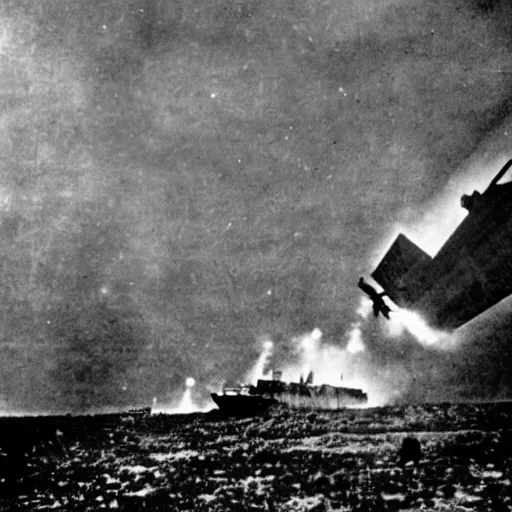 Image similar to an old ww2 photograph of a star destroyer crashing into earth