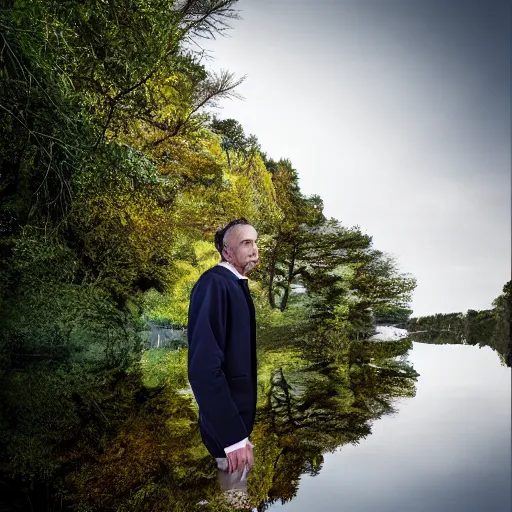 Image similar to the man's face is near a river with a reflection of himself, surreal portrait, surrealism, shot with nikon z9, natural light,