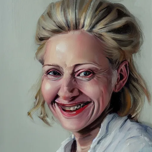 Prompt: portrait painting of woman from scandinavia, 1 0 0 - years old, blonde hair, daz, occlusion, smiling and looking directly, brushstrokes, white background, art by enki bilal