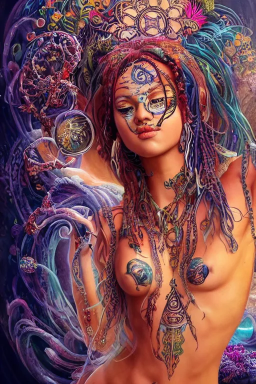 Image similar to a centered full body render of an alluring festival hippy with tribal tattoos surrounded by a underwater ink pour and flowing liquid gallium and sacred geometry, perfect body and face, gorgeous, cinematic, beautifully lit, by artgerm, by karol bak, by donato giancola, 3 d, trending on artstation, octane render, 8 k