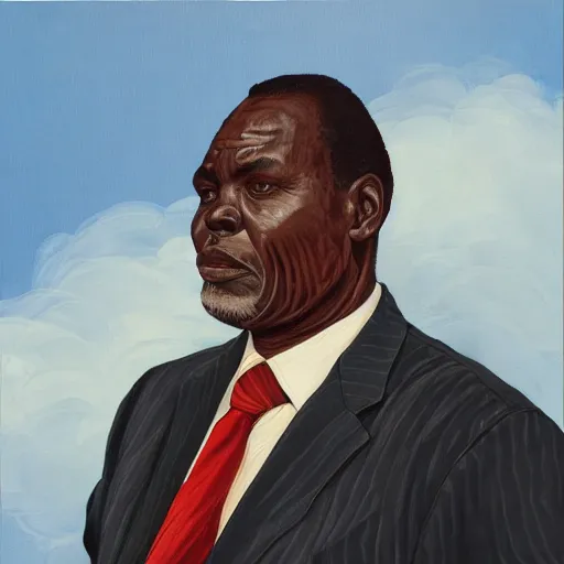 Image similar to a painting of a fatherly wide forehead, round face, XXL , loving, caring, generous, ever-present, humble, wise elder from Kenya in a suit by Kehinde Wiley . Fatherly/daddy, focused, loving, leader, relaxed,. ethereal lights, details, smooth, sharp focus, illustration, realistic, cinematic, artstation, award winning, rgb , unreal engine, octane render, cinematic light, macro, depth of field, blur, red light and clouds from the back, highly detailed epic cinematic concept art CG render made in Maya, Blender and Photoshop, octane render, excellent composition, dynamic dramatic cinematic lighting, aesthetic, very inspirational, arthouse.