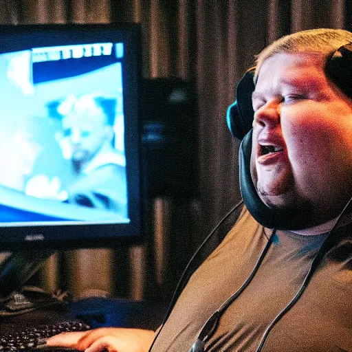 Image similar to obese Allan Moore wearing a headset yelling at his monitor while playing WoW highly detailed wide angle lens 10:9 aspect ration award winning photography by David Lynch esoteric erasure head