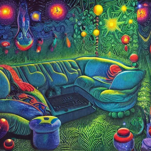 Image similar to psychedelic couch sofa in the lush forest, milky way, designed by moebius, rob gonsalves, gustav dore, giuseppe arcimboldo and carl barks, louis wain, trending on artstation, mediterranean, star, sharp focus, colorful refracted sparkles and lines, soft light, 8 k 4 k