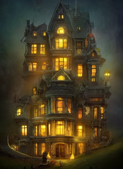 Image similar to glowing mansion in burning vapor dramatic lighting, artstation, matte painting, alexander fedosav, alexander jansson