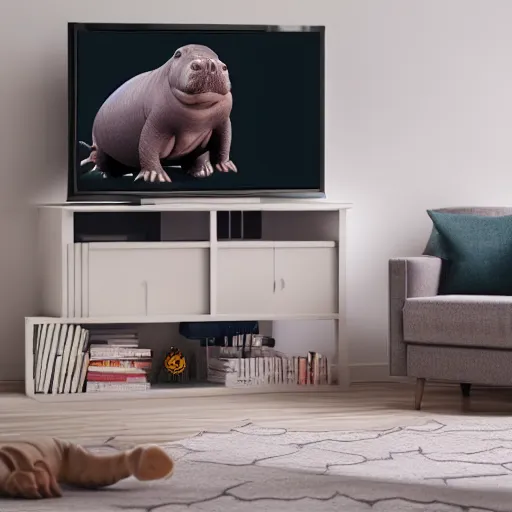 Prompt: a baby hippo lives in a cozy house. it likes to watch tv in the family room. digital art. 3 d render, photorealistic, hyper realistic, ue 5, octane.