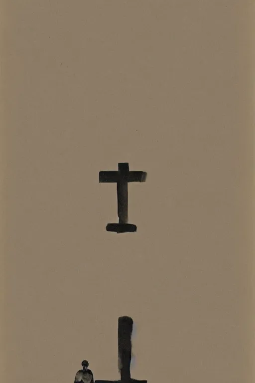 Image similar to man kneeling on the ground in front of a wooden cross, 1960’s minimalist advertising illustration, painterly, expressive brush strokes