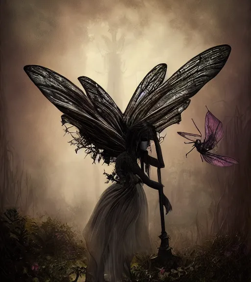 Image similar to gothic fairy with dragonfly wings, digital painting, liminal eerie midnight backlit, a picture taken by Michael Komarck and Daniel Ljunggren