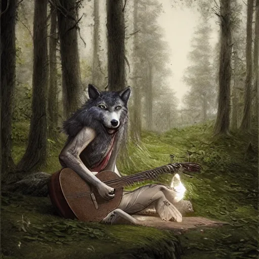 Image similar to an anthropomorphic wolf in a forest by the river, playing lute, by stanley lau and greg rutkowski