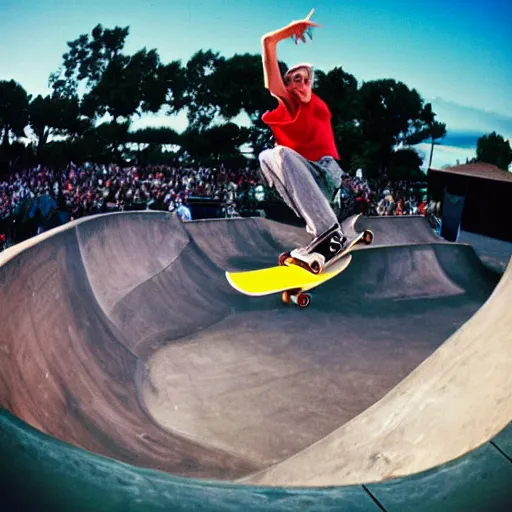 Prompt: award winning color Transworld skateboarding magazine photo of, tony hawk skateboarding, doing 540 in the 1986 vert contest, fisheye lens, detailed faces, photorealism, sharp focus, 8k, balanced composition