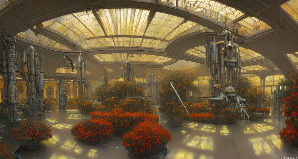 Image similar to a minimalist oil painting by donato giancola and james gurney vaulted ceilings, warm coloured, cinematic scifi luxurious futuristic foggy steam filled garden circular shopping mall interior with microscopy giant windows flowers growing out of pretty bulbous ceramic fountains, gigantic pillars and flowers, maschinen krieger, beeple, star trek, star wars