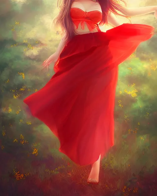 Image similar to goddess of summer, red gauze skirt, dreamy, beautiful, by wlop