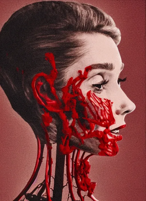 Prompt: a audrey hepburn face in profile made of blood skeleton in the style of the dutch masters and gregory crewdson dark and moody