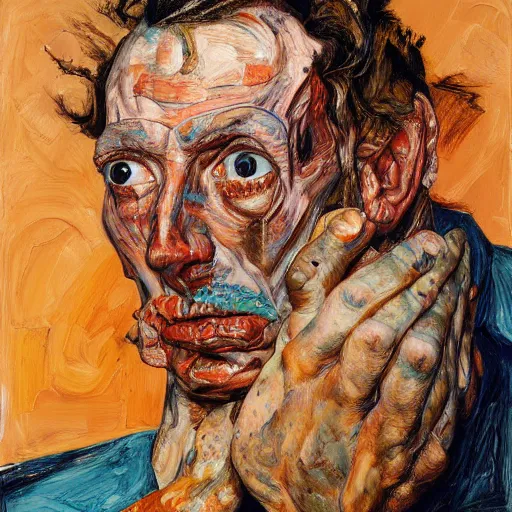 Image similar to high quality high detail expressionist painting of a man in agony by lucian freud and jenny saville and norman rockwell egon schiele and francis bacon, hd, anxiety, turquoise and orange