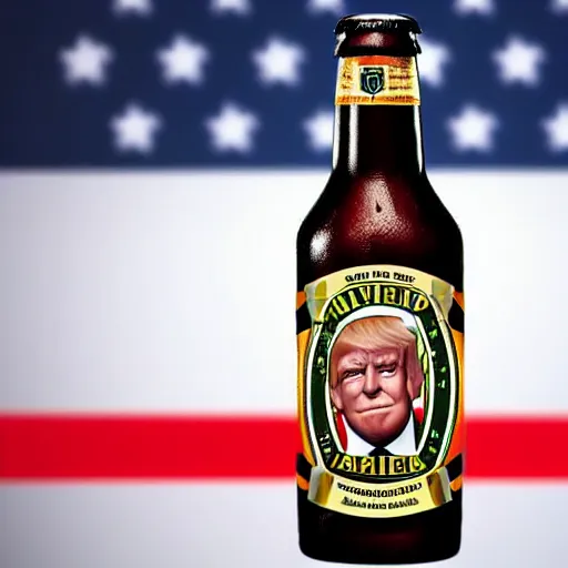 Image similar to a beer bottle with trumps face on its logo, hyper realistic, highly detailed.