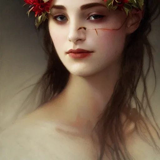 Image similar to portrait of beautiful vampire, flower crown, thorn everywhere, headshot, pale skin, 4k, rule of thirds, extreme detail, detailed drawing, trending artstation, hd, fantasy, D&D, realistic lighting, by Alphonse Mucha, Greg Rutkowski, sharp focus, backlit