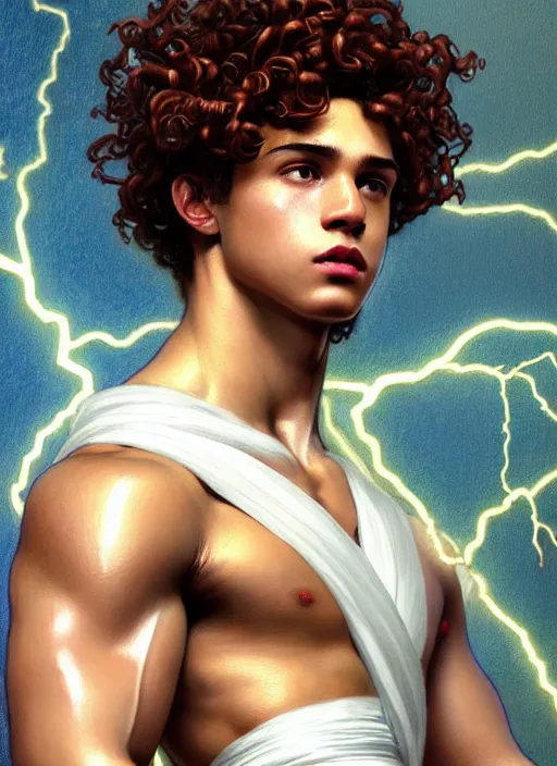 Prompt: portrait of teenage zeus, greek, short curly copper hair, smirking arrogantly, wearing a white sash, olive tree, intricate, elegant, lightning bolt, glowing lights, chiaroscuro, highly detailed, digital painting, artstation, concept art, smooth, sharp focus, illustration, art by wlop, mucha, artgerm, and greg rutkowski