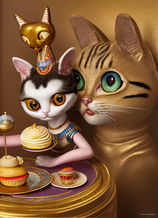 Prompt: highly detailed closeup, portrait of a tin toy egyptian cat goddess eating cakes, unreal engine, nicoletta ceccoli, mark ryden, earl norem, lostfish, global illumination, detailed and intricate environment