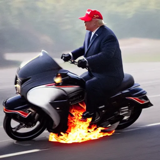 Prompt: Donald Trump on a motorcycle with fire coming out of the exhaust, cinematic lighting