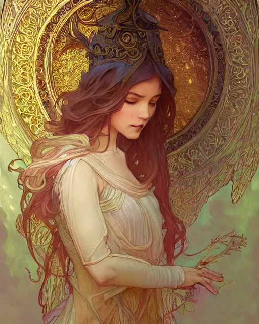 Image similar to an angel, highly detailed, very intricate, art nouveau, gold filigree, romantic storybook fantasy, soft cinematic lighting, award - winning, disney concept art watercolor illustration by mandy jurgens and alphonse mucha and alena aenami, pastel color palette, featured on artstation